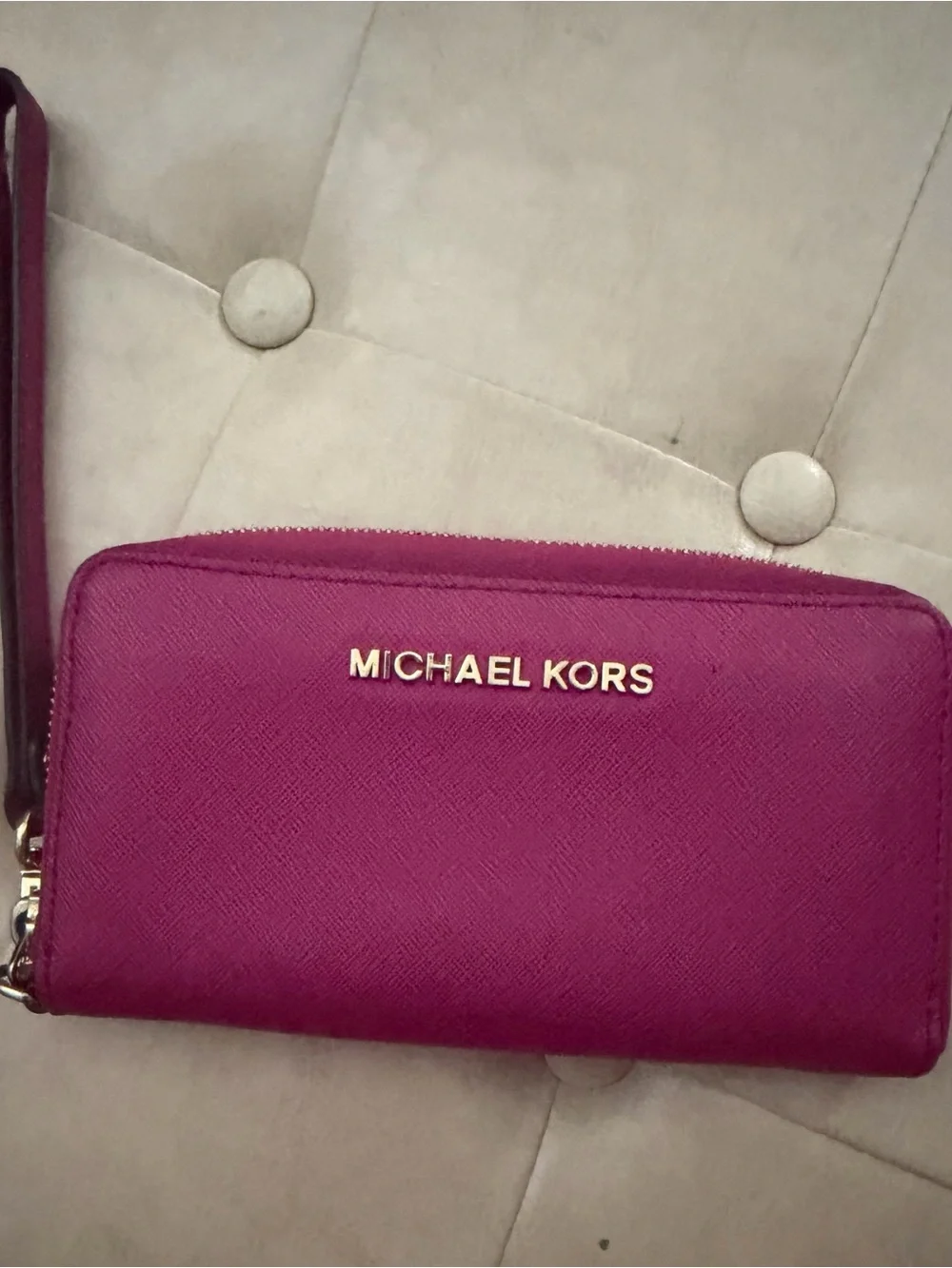Michael Kors Fuchsia Saffiano Zip Wallet with Gold Logo